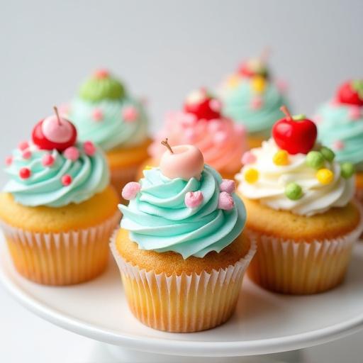 Assortment of meticulously decorated cupcakes with various toppings.