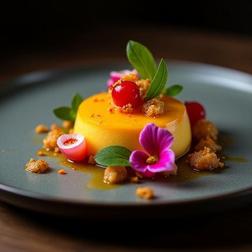 An elegant plated dessert with tropical fruit and edible flowers.